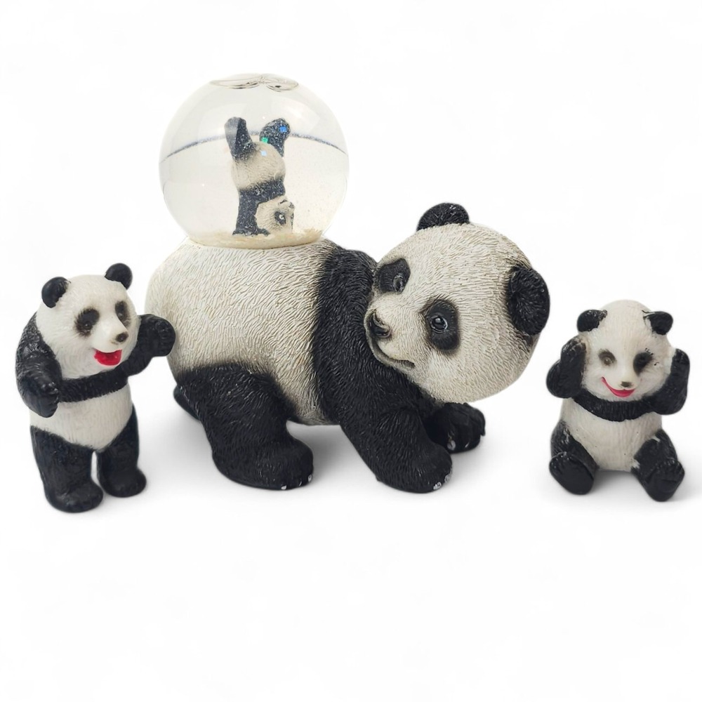 Panda Bear Family Figurine Snow Globe Mini Glitter Water Globe Resin Statue 4"